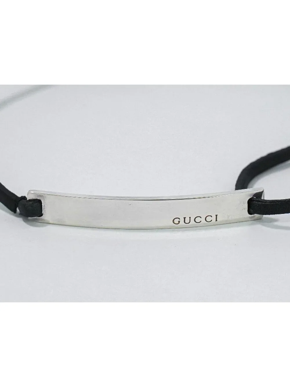Gucci Logo Plate 925 Leather Choker Necklace Silver Black
